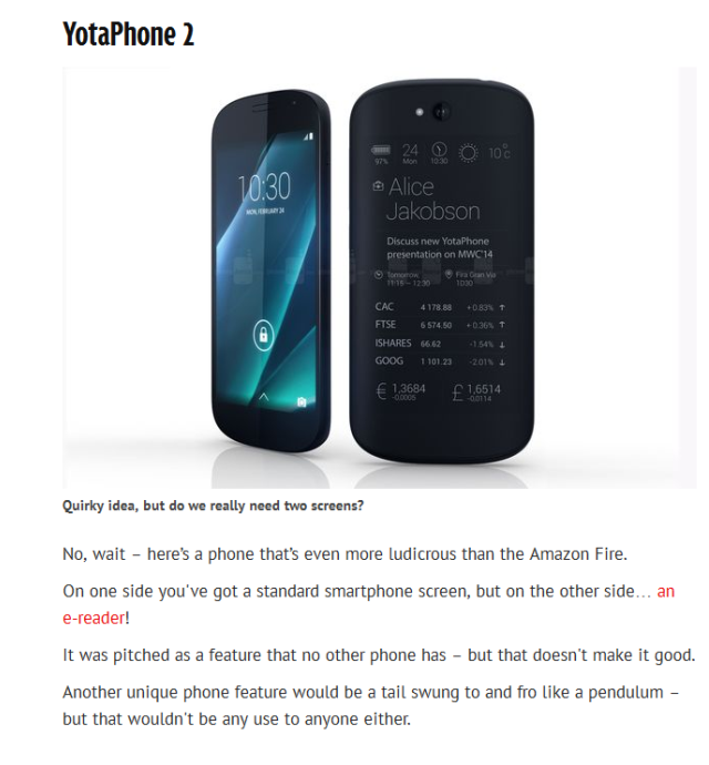 Газета Mirror назвала YotaPhone 2 худшим устройством 2014 года